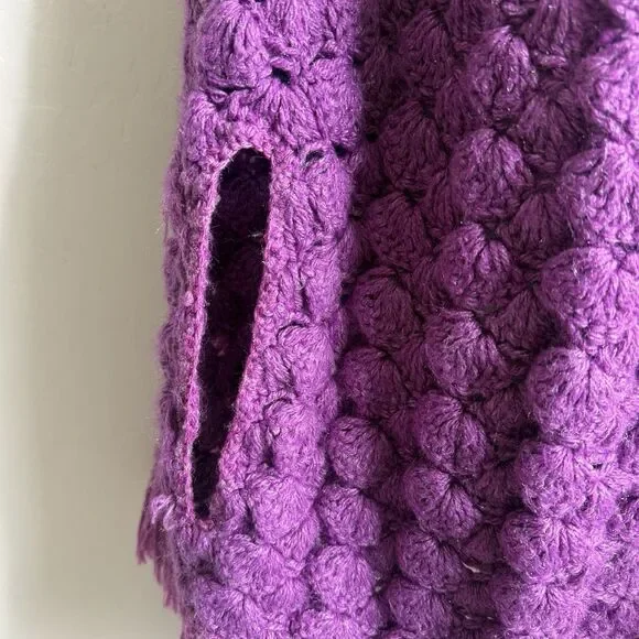Handknit Crochet Purple Cape Poncho Wrap Sweater Chunky Fringe Granny Beige Boho - Picture 5 of 15
